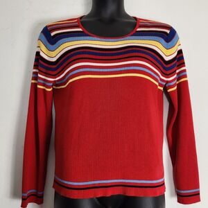 Vintage Crazy Horse Sweater XL Red Striped Y2K Retro Preppy Colorful Ribbed Knit